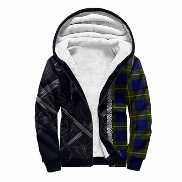 Muir Tartan Sherpa Hoodie with Family Crest Cross Sword Thistle Celtic Vibes