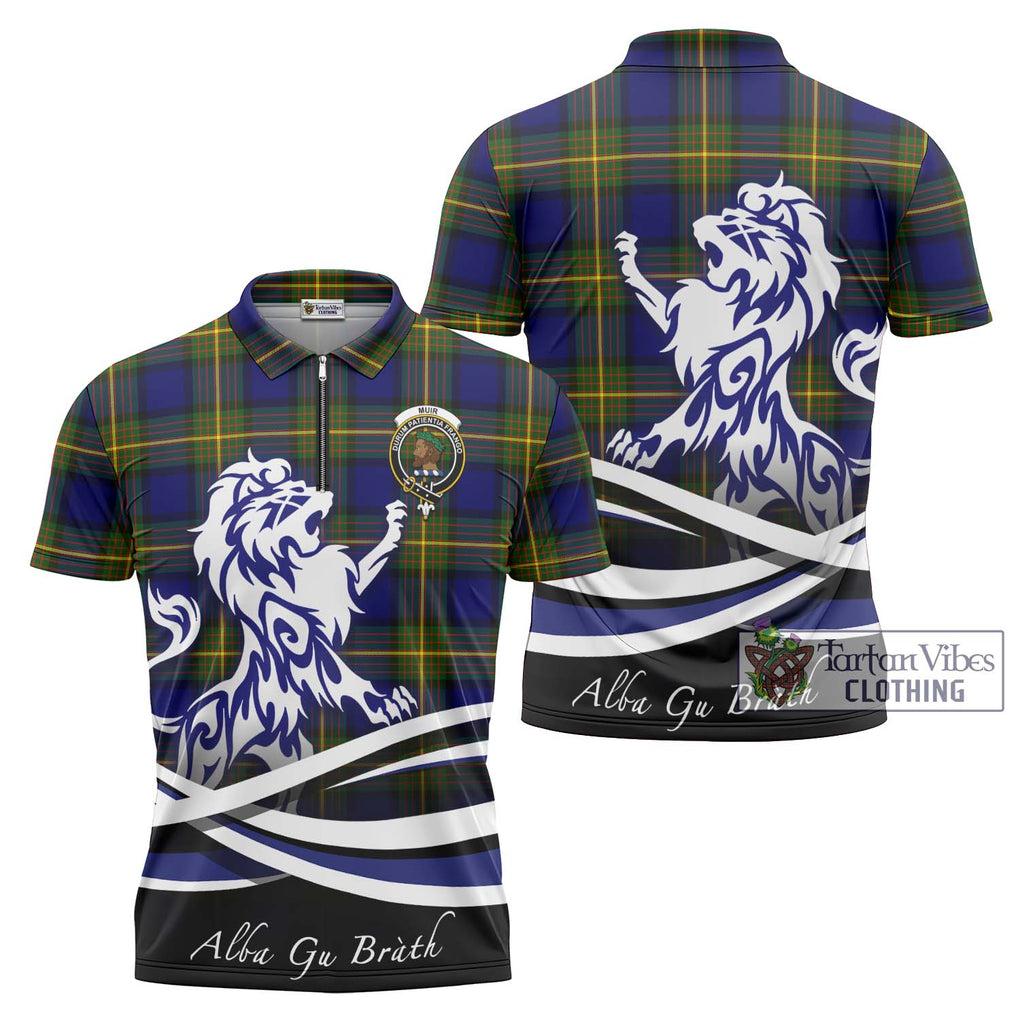 Muir Tartan Zipper Polo Shirt with Alba Gu Brath Regal Lion Emblem Unisex - Tartanvibesclothing Shop