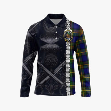 Muir Tartan Long Sleeve Polo Shirt with Family Crest Cross Sword Thistle Celtic Vibes