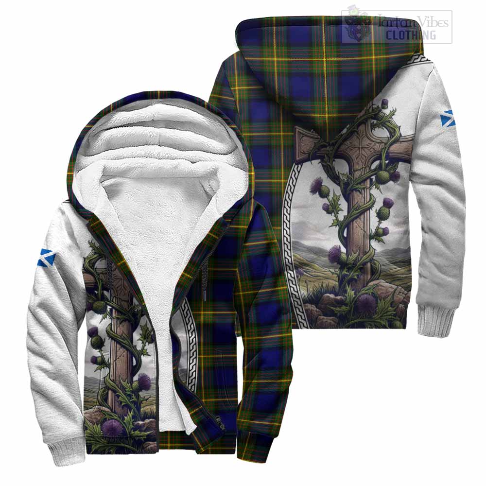 Tartan Vibes Clothing Muir Tartan Sherpa Hoodie with Family Crest and St. Andrew's Cross Accented by Thistle Vines