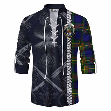 Muir Tartan Ghillie Kilt Shirt with Family Crest Cross Sword Thistle Celtic Vibes