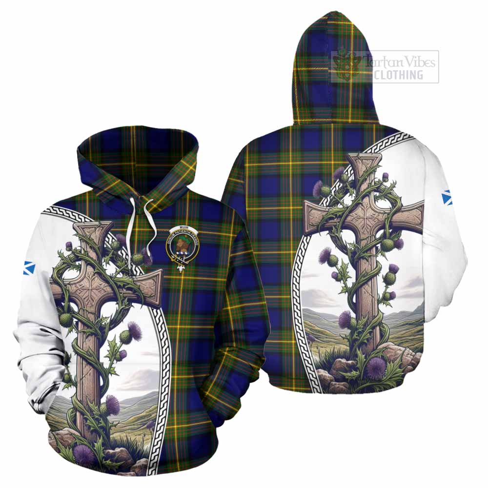 Tartan Vibes Clothing Muir Tartan Hoodie with Family Crest and St. Andrew's Cross Accented by Thistle Vines