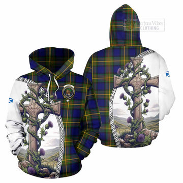 Muir Tartan Hoodie with Family Crest and St. Andrew's Cross Accented by Thistle Vines