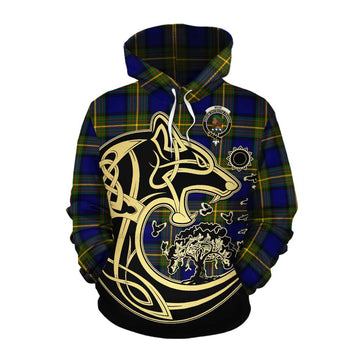 Muir Tartan Cotton Hoodie with Family Crest Celtic Wolf Style