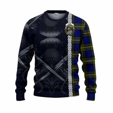 Muir Tartan Knitted Sweater with Family Crest Cross Sword Thistle Celtic Vibes