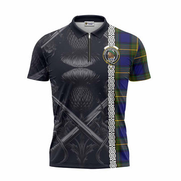 Muir Tartan Zipper Polo Shirt with Family Crest Cross Sword Thistle Celtic Vibes