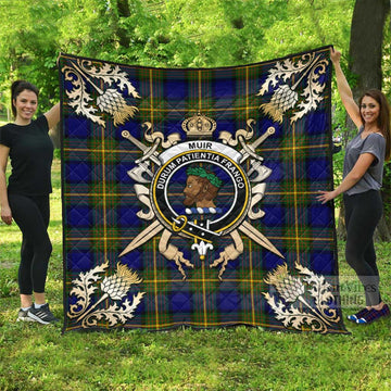 Muir Tartan Quilt with Family Crest and Scottish Golden Courage Shield