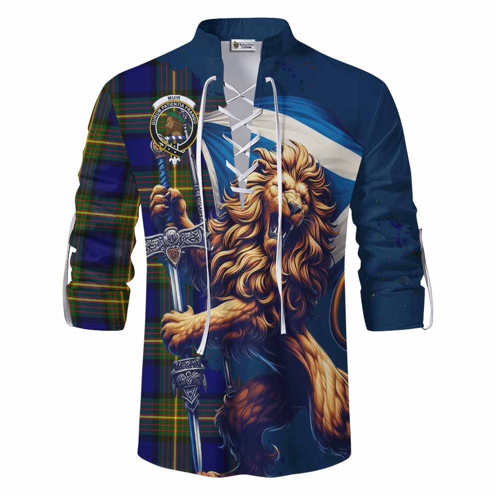 Tartan Vibes Clothing Muir Tartan Family Crest Ghillie Kilt Shirt with Scottish Majestic Lion