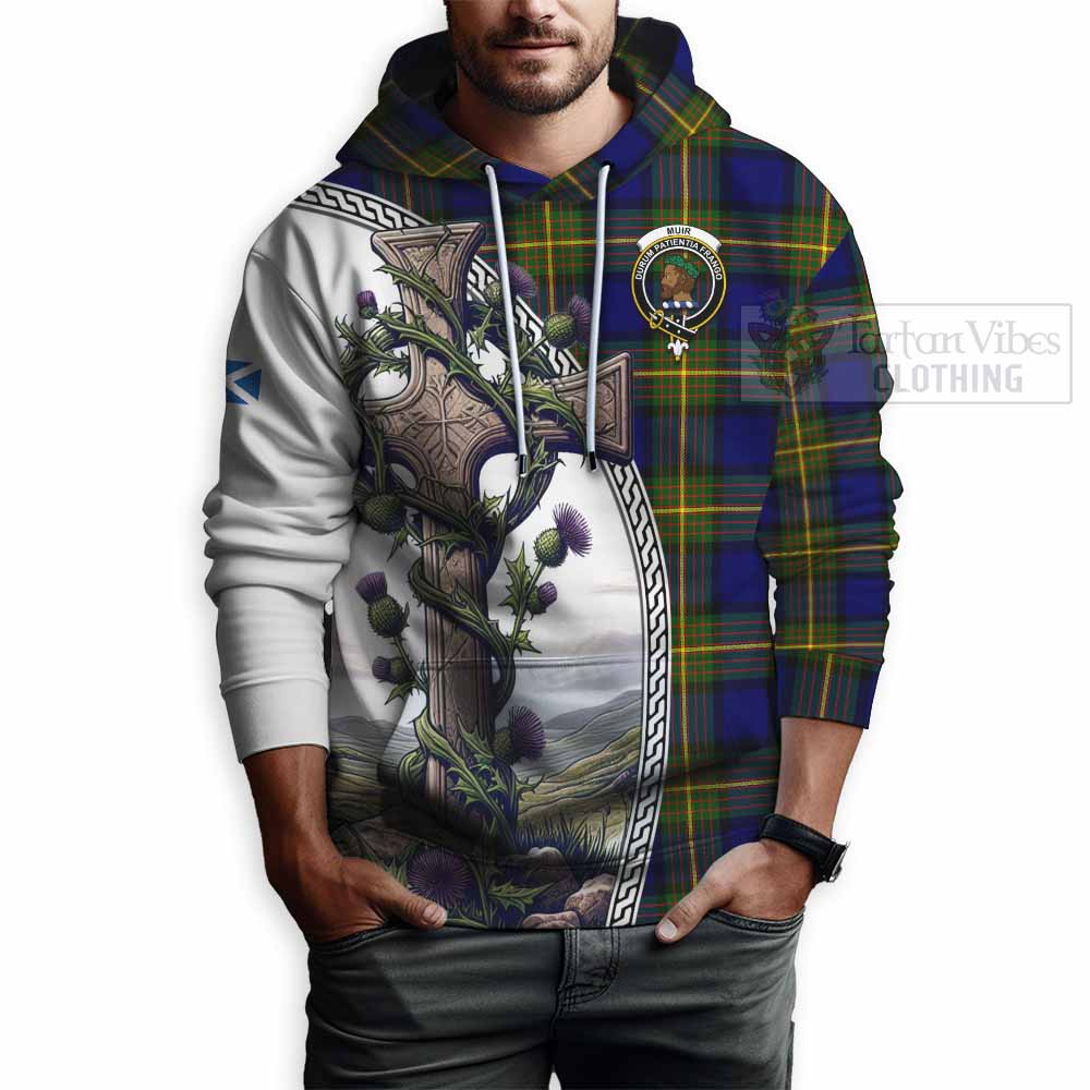 Tartan Vibes Clothing Muir Tartan Hoodie with Family Crest and St. Andrew's Cross Accented by Thistle Vines