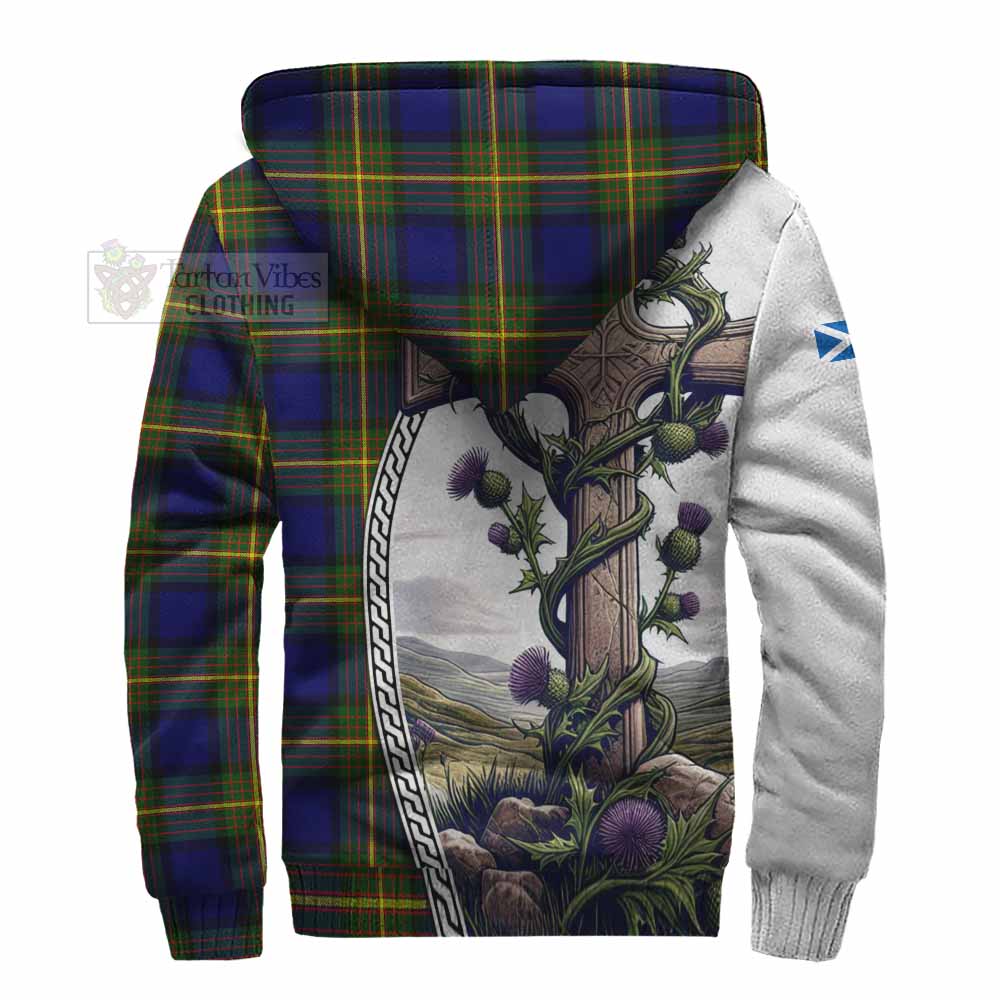 Tartan Vibes Clothing Muir Tartan Sherpa Hoodie with Family Crest and St. Andrew's Cross Accented by Thistle Vines