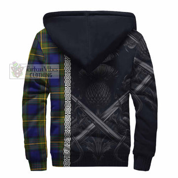 Muir Tartan Sherpa Hoodie with Family Crest Cross Sword Thistle Celtic Vibes