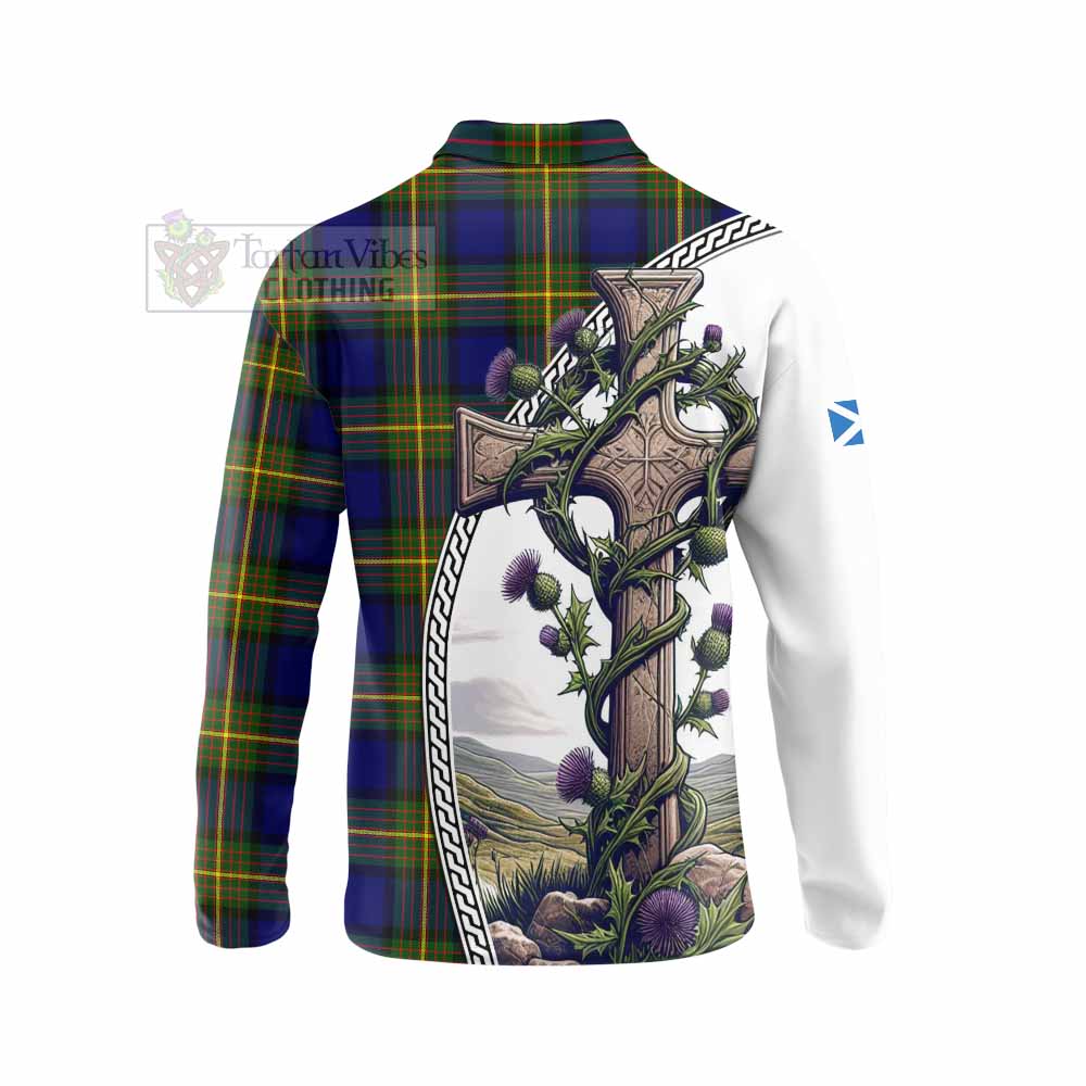 Tartan Vibes Clothing Muir Tartan Long Sleeve Polo Shirt with Family Crest and St. Andrew's Cross Accented by Thistle Vines