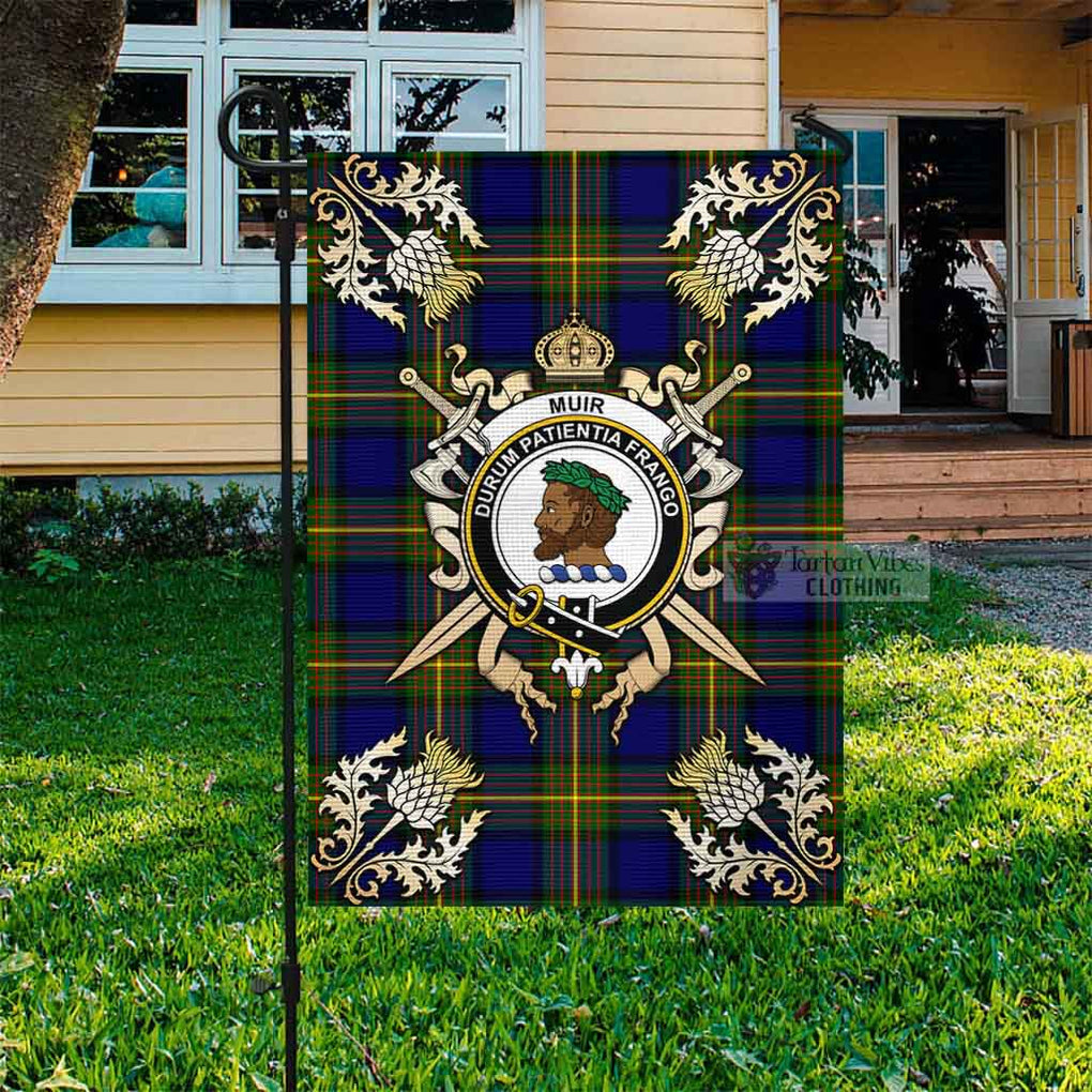 Tartan Vibes Clothing Muir Tartan Flag with Family Crest and Golden Thistle Crossed Sword Design