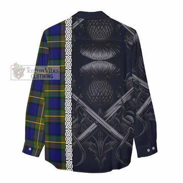 Muir Tartan Women's Casual Shirt with Family Crest Cross Sword Thistle Celtic Vibes