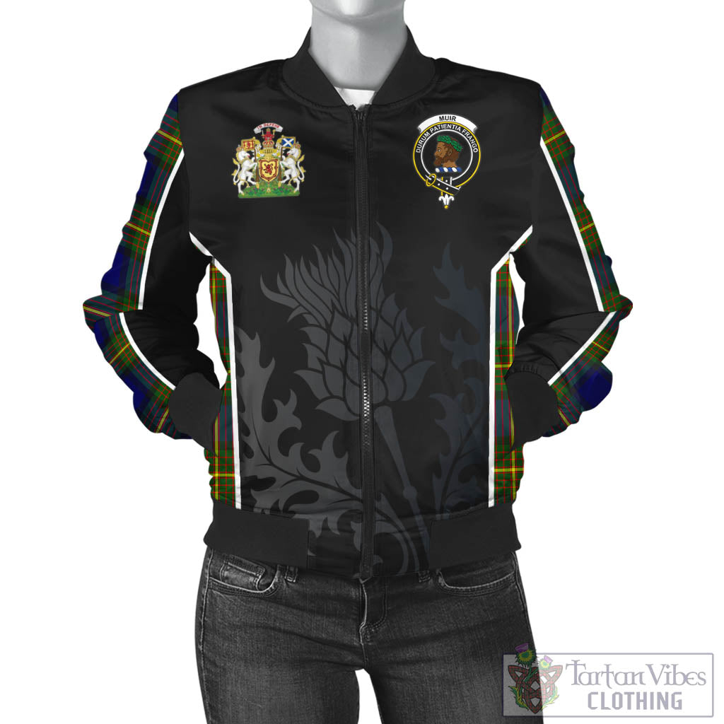 Tartan Vibes Clothing Muir Tartan Bomber Jacket with Family Crest and Scottish Thistle Vibes Sport Style