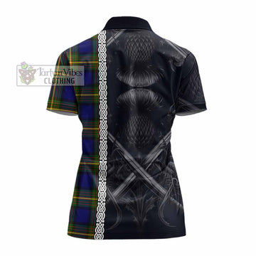 Muir Tartan Women's Polo Shirt with Family Crest Cross Sword Thistle Celtic Vibes