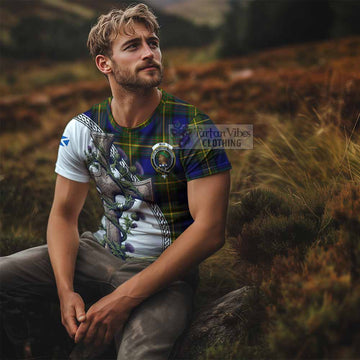 Muir Tartan T-Shirt with Family Crest and St. Andrew's Cross Accented by Thistle Vines