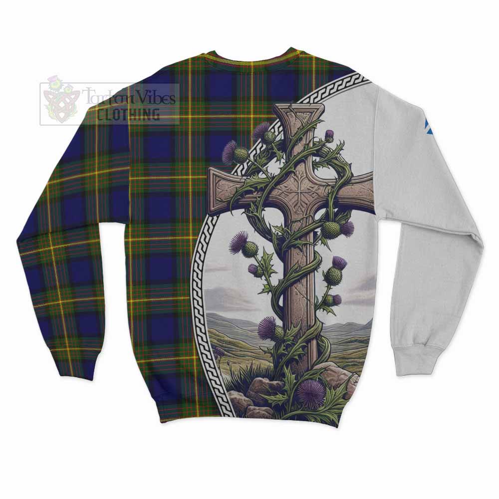 Tartan Vibes Clothing Muir Tartan Sweatshirt with Family Crest and St. Andrew's Cross Accented by Thistle Vines