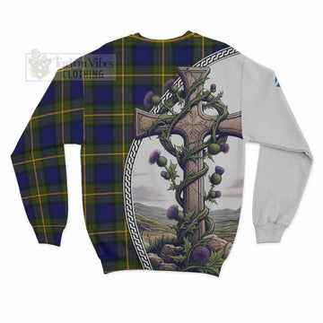 Muir Tartan Sweatshirt with Family Crest and St. Andrew's Cross Accented by Thistle Vines