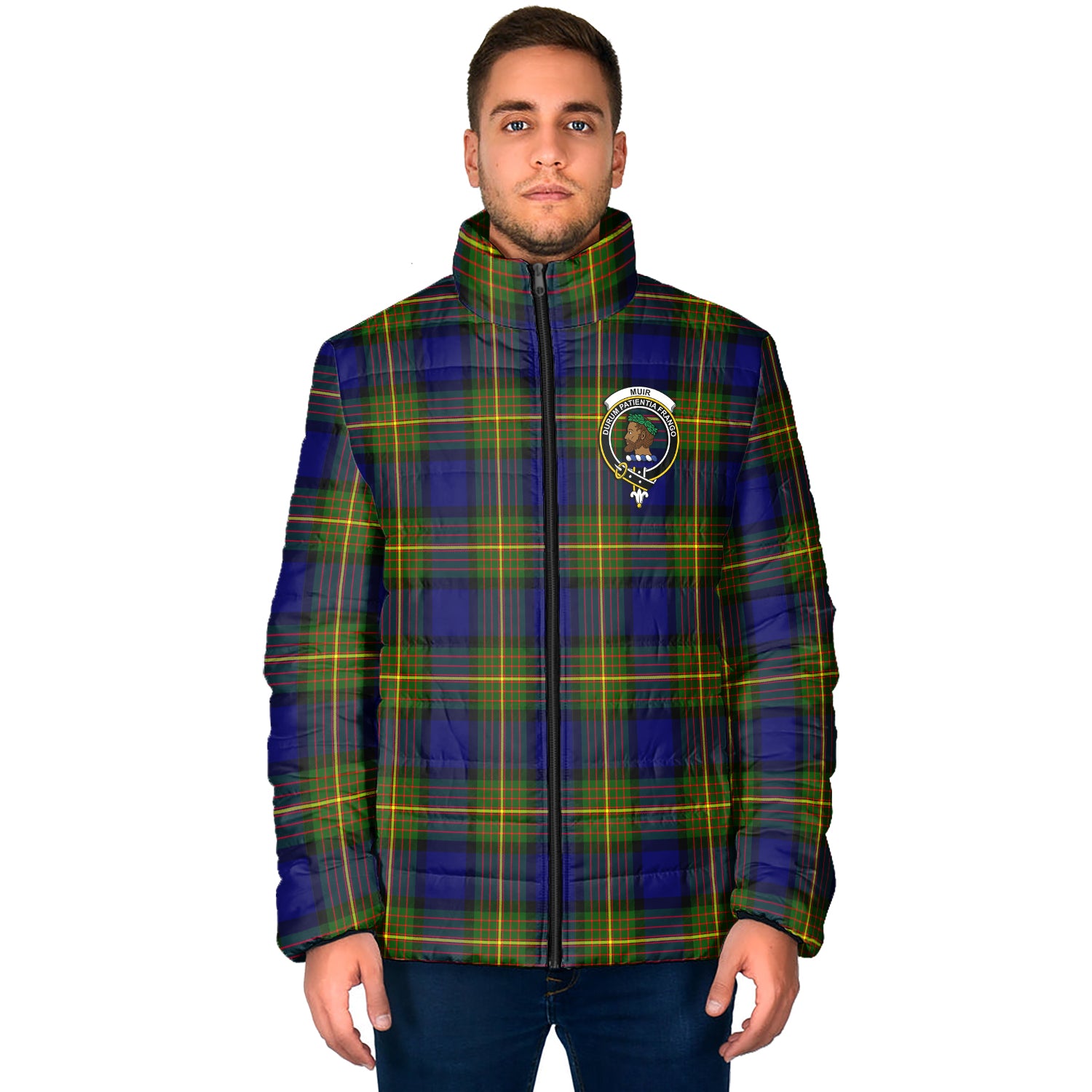 Muir Tartan Padded Jacket with Family Crest - Tartan Vibes Clothing