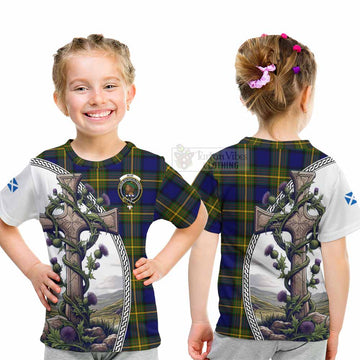 Muir Tartan Kid T-Shirt with Family Crest and St. Andrew's Cross Accented by Thistle Vines