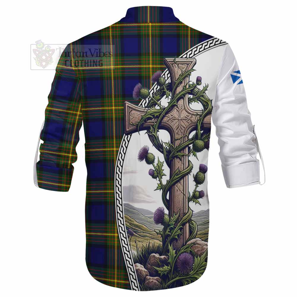 Tartan Vibes Clothing Muir Tartan Ghillie Kilt Shirt with Family Crest and St. Andrew's Cross Accented by Thistle Vines