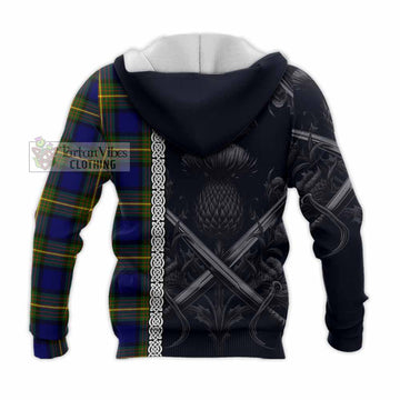 Muir Tartan Knitted Hoodie with Family Crest Cross Sword Thistle Celtic Vibes