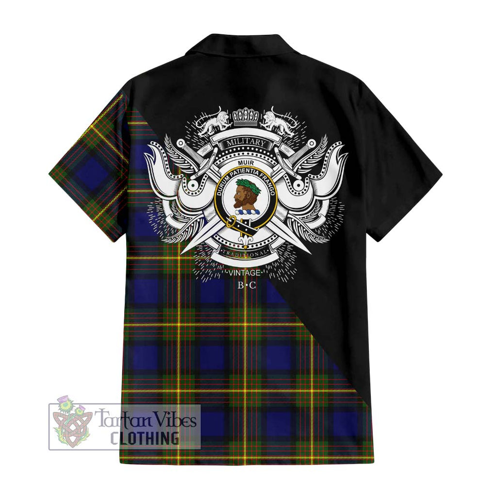 Muir Tartan Short Sleeve Button Shirt with Family Crest and Military Logo Style - Tartanvibesclothing Shop