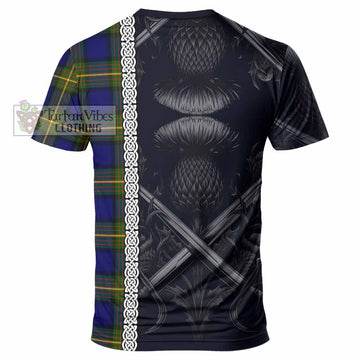 Muir Tartan T-Shirt with Family Crest Cross Sword Thistle Celtic Vibes