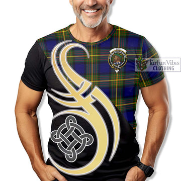 Muir Tartan T-Shirt with Family Crest and Celtic Symbol Style