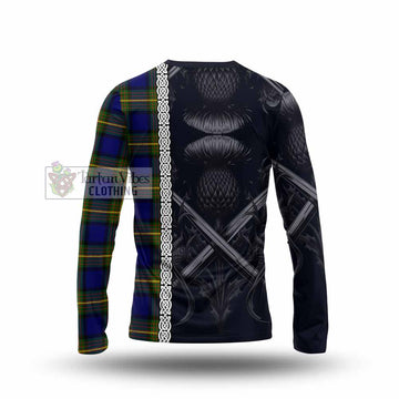 Muir Tartan Long Sleeve T-Shirt with Family Crest Cross Sword Thistle Celtic Vibes