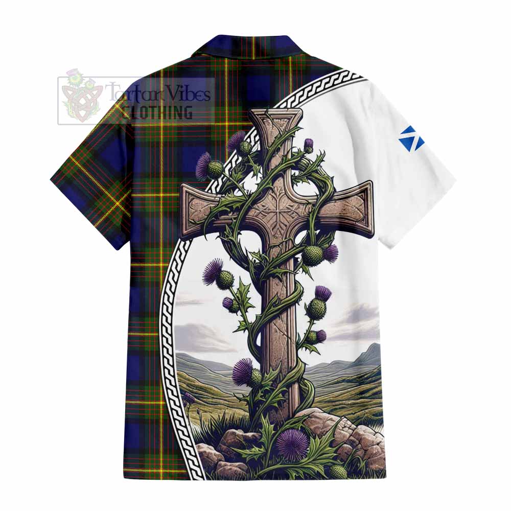 Tartan Vibes Clothing Muir Tartan Short Sleeve Button Shirt with Family Crest and St. Andrew's Cross Accented by Thistle Vines