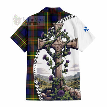 Muir Tartan Short Sleeve Button Shirt with Family Crest and St. Andrew's Cross Accented by Thistle Vines