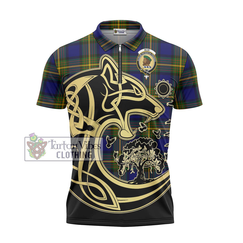 Muir Tartan Zipper Polo Shirt with Family Crest Celtic Wolf Style - Tartanvibesclothing Shop