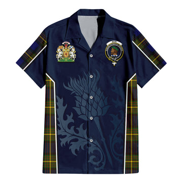 Muir Tartan Short Sleeve Button Up Shirt with Family Crest and Scottish Thistle Vibes Sport Style