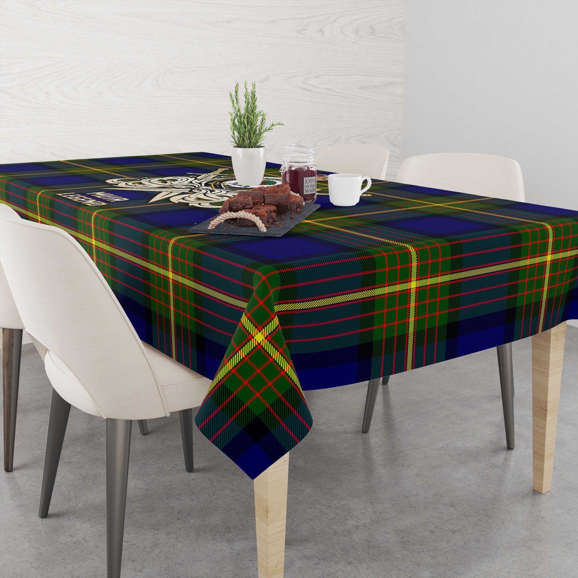 Tartan Vibes Clothing Muir Tartan Tablecloth with Clan Crest and the Golden Sword of Courageous Legacy