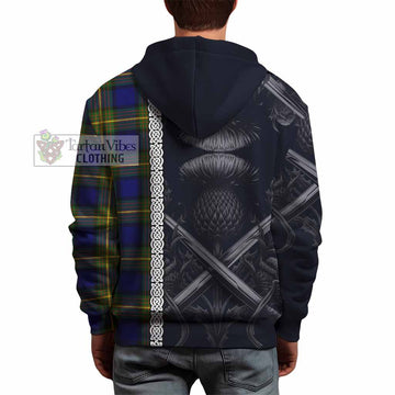 Muir Tartan Hoodie with Family Crest Cross Sword Thistle Celtic Vibes