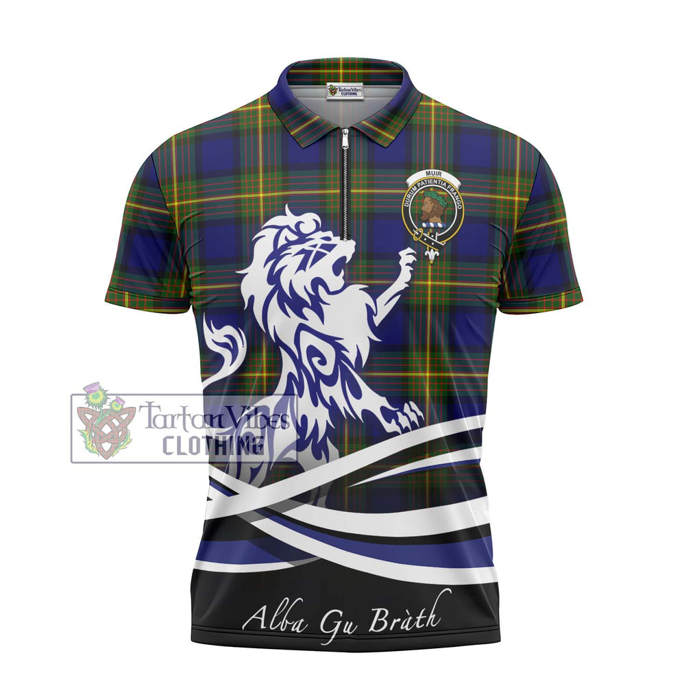 Muir Tartan Zipper Polo Shirt with Alba Gu Brath Regal Lion Emblem - Tartanvibesclothing Shop