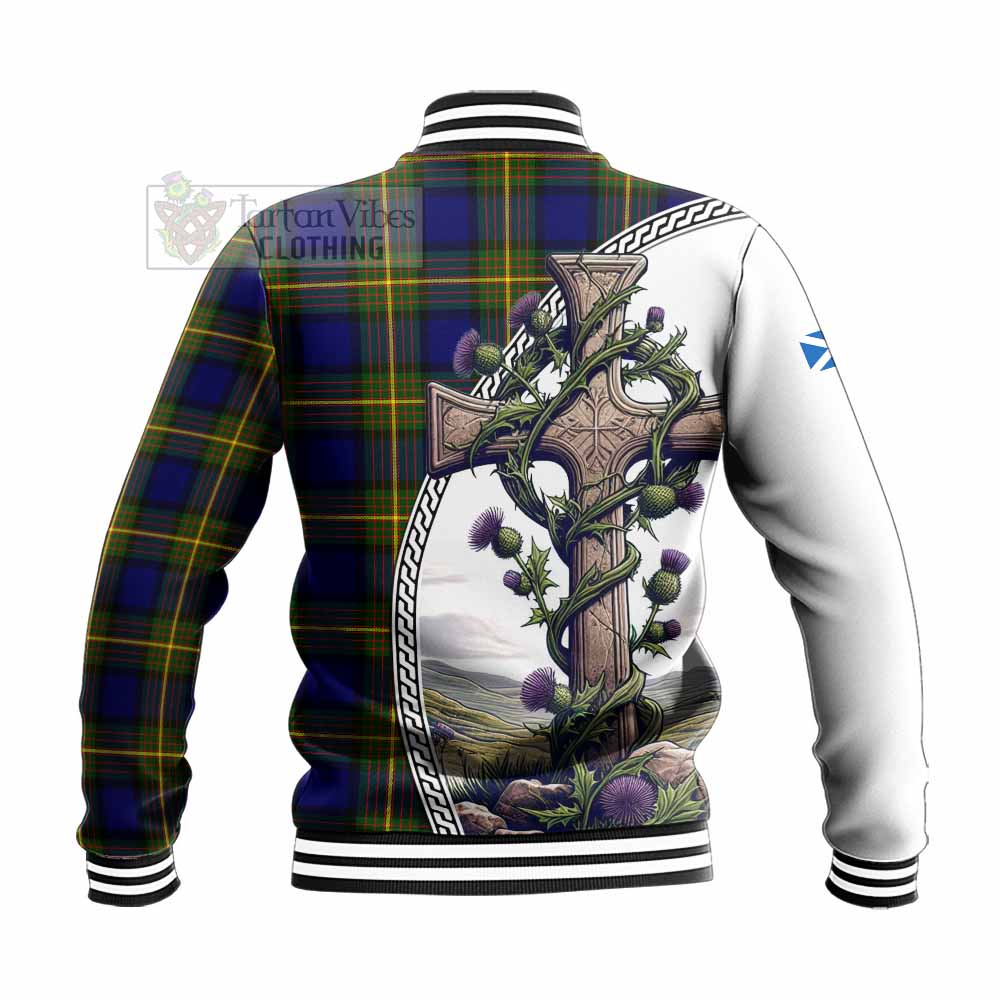 Tartan Vibes Clothing Muir Tartan Baseball Jacket with Family Crest and St. Andrew's Cross Accented by Thistle Vines