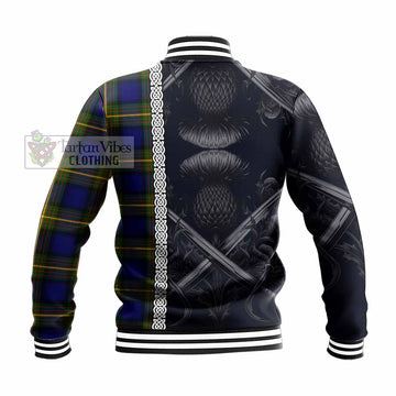 Muir Tartan Baseball Jacket with Family Crest Cross Sword Thistle Celtic Vibes