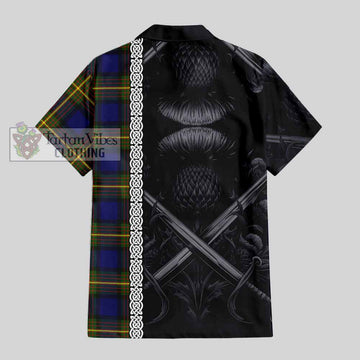 Muir Tartan Short Sleeve Button Shirt with Family Crest Cross Sword Thistle Celtic Vibes