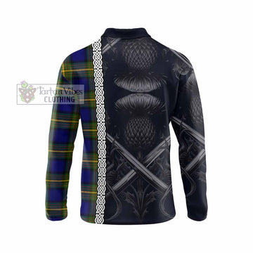 Muir Tartan Long Sleeve Polo Shirt with Family Crest Cross Sword Thistle Celtic Vibes