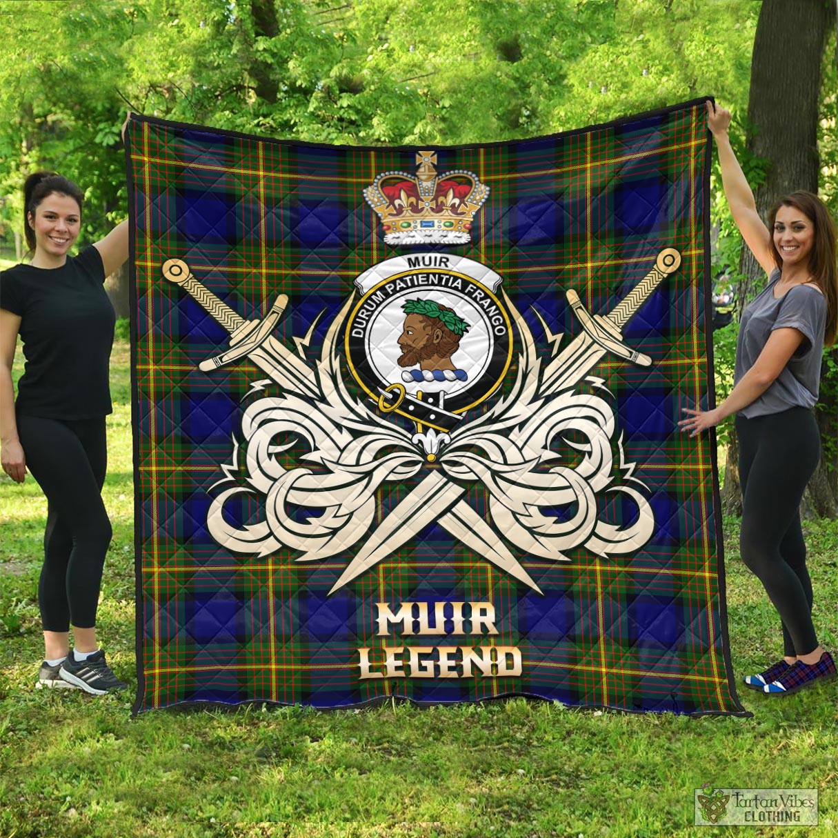 Tartan Vibes Clothing Muir Tartan Quilt with Clan Crest and the Golden Sword of Courageous Legacy