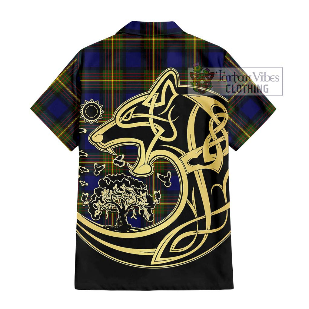 Muir Tartan Short Sleeve Button Shirt with Family Crest Celtic Wolf Style - Tartan Vibes Clothing