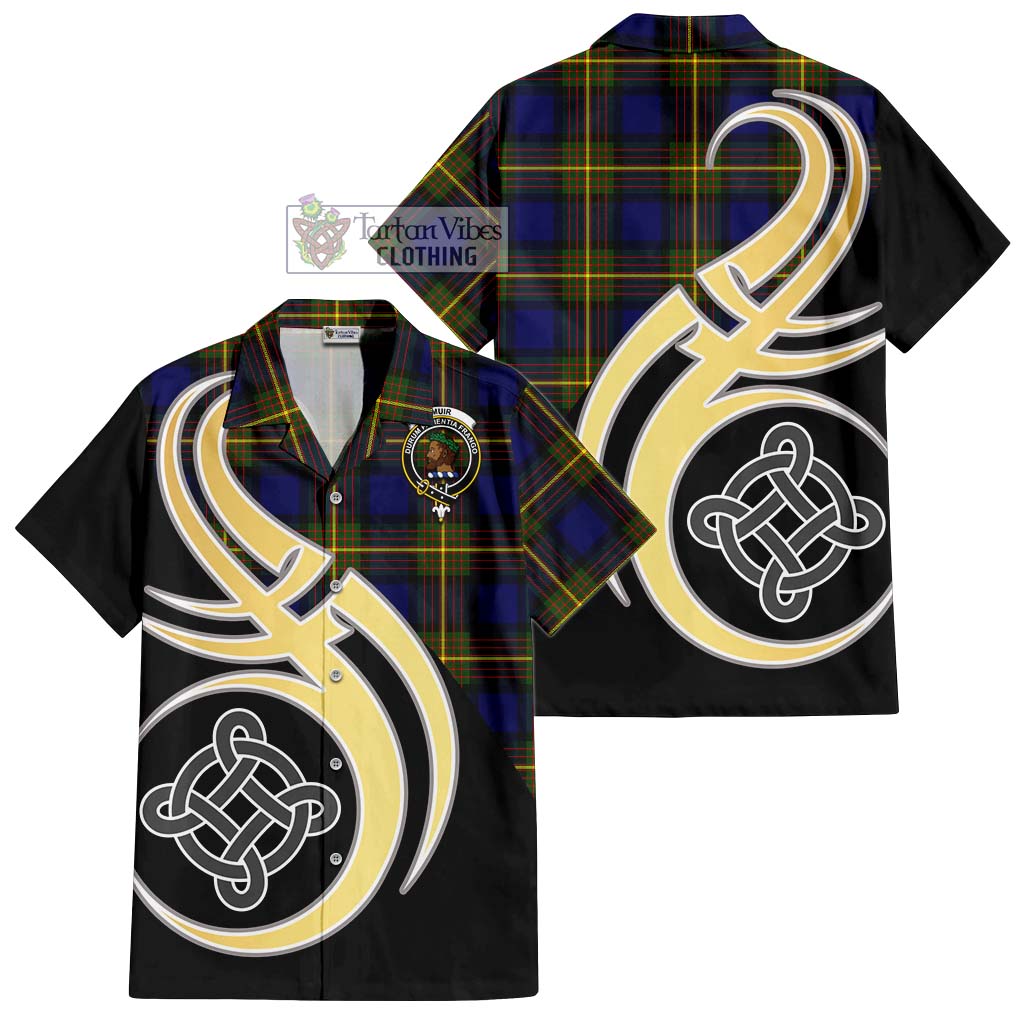 Muir Tartan Short Sleeve Button Shirt with Family Crest and Celtic Symbol Style - Tartan Vibes Clothing