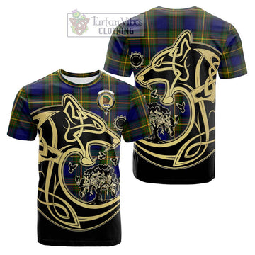 Muir Tartan Cotton T-shirt with Family Crest Celtic Wolf Style