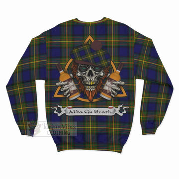 Muir Tartan Sweatshirt with Family Crest and Bearded Skull Holding Bottles of Whiskey