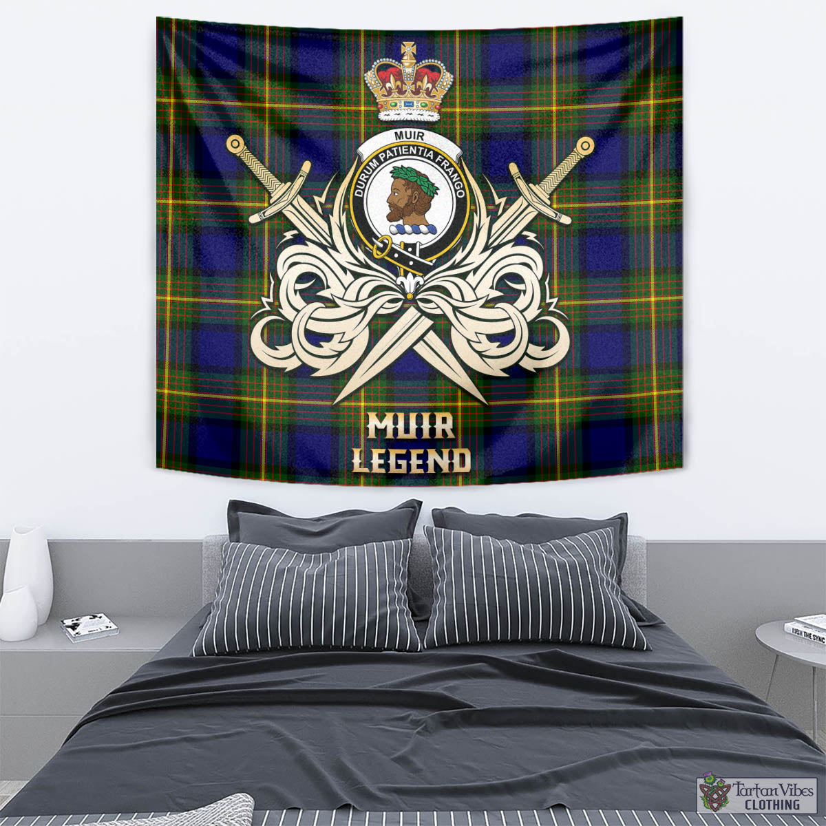 Tartan Vibes Clothing Muir Tartan Tapestry with Clan Crest and the Golden Sword of Courageous Legacy