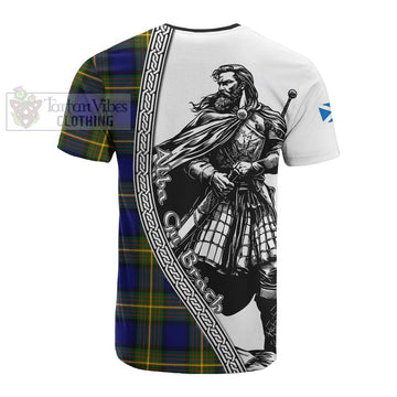 Muir Tartan Clan Crest Cotton T-shirt with Highlander Warrior Celtic Style