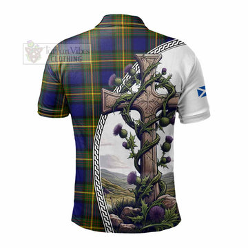 Muir Tartan Polo Shirt with Family Crest and St. Andrew's Cross Accented by Thistle Vines